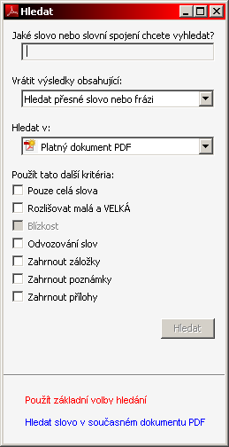 Okno Hledání s rozšířenými možnostmi